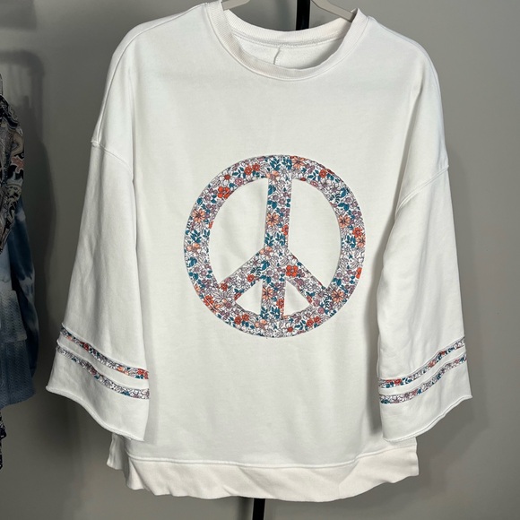 VGUC Peace, Love, and Flowers Peace Sign Top White Sweatshirt Oversized Medium - Picture 2 of 8